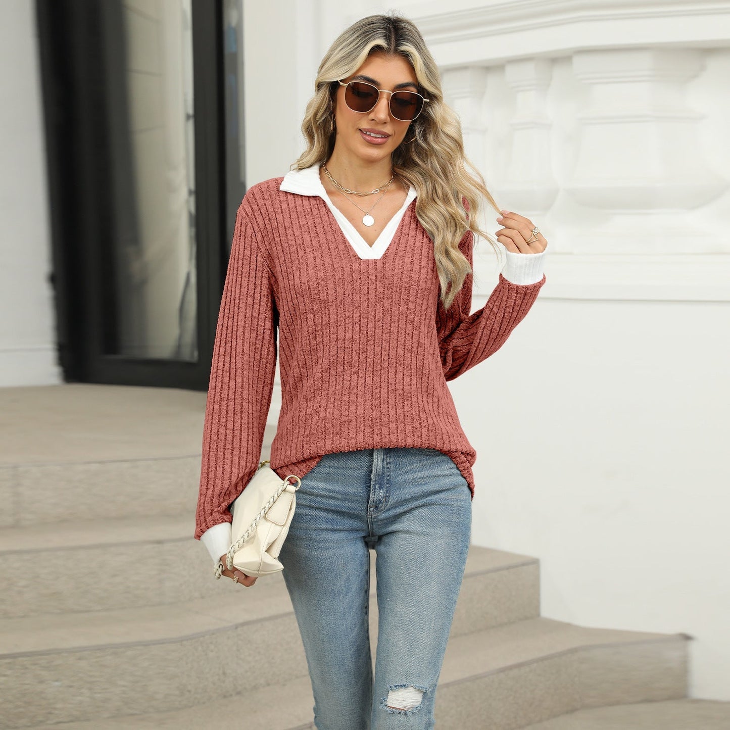 Lapel Long Sleeve Loose-fitting T-shirt for Women