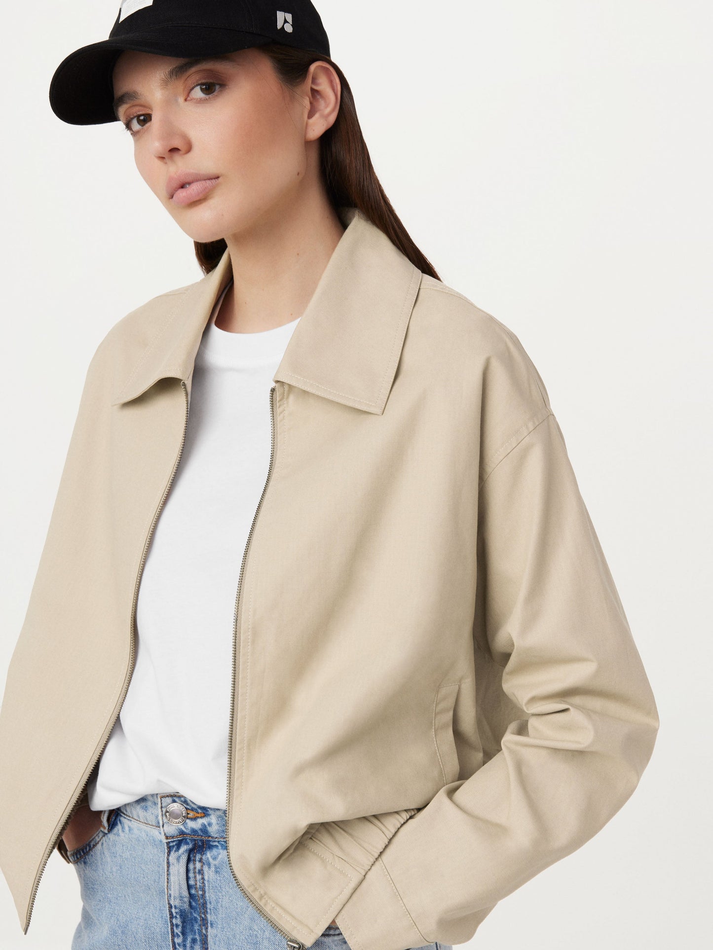 The Zip Up Bomber Jacket in Light Beige