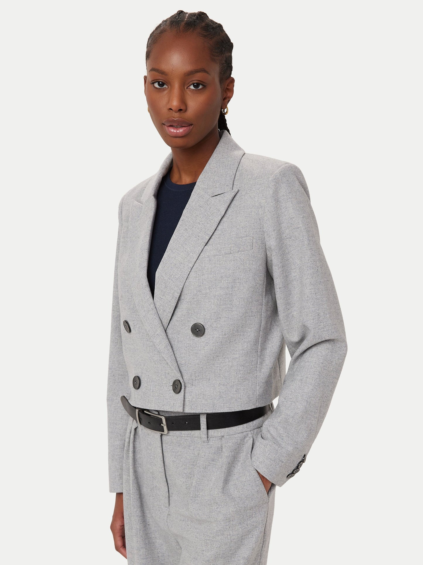 The Cropped Double Breasted Blazer in Light Grey