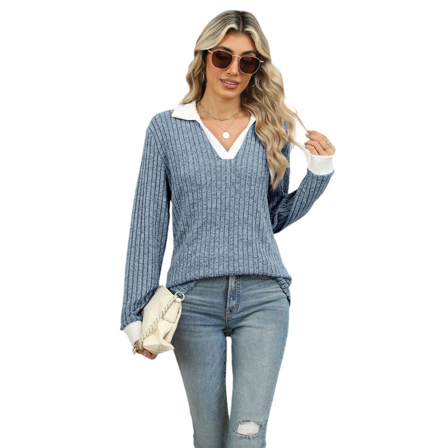 Lapel Long Sleeve Loose-fitting T-shirt for Women